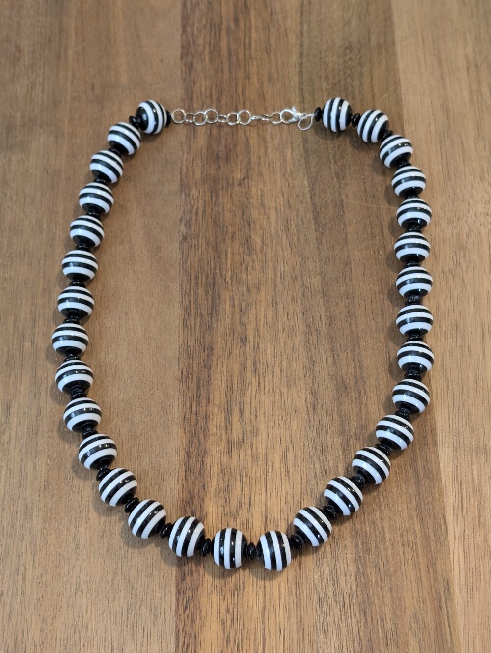 Vintage 80's Style Black & White Striped Beaded String Necklace 21"